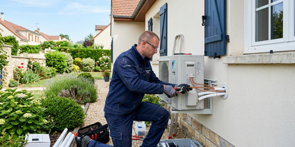 Technicien certifié RGE CTBG installant une pompe à chaleur air/eau sur un pavillon dans le Val-de-Marne (94)