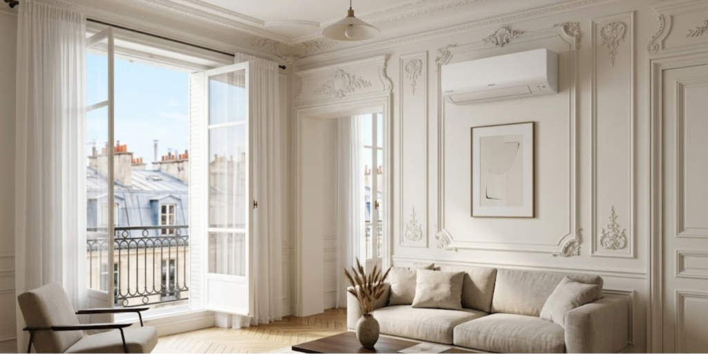 Climatisation réversible installée dans un appartement haussmannien à Paris par les techniciens CTBG