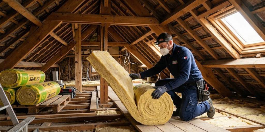 Technicien CTBG installant une isolation thermique des combles dans une maison individuelle en Essonne (91)