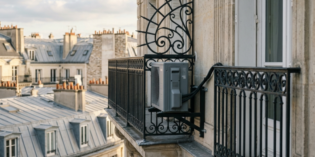 Unité extérieure de climatisation installée discrètement sur un balcon d'immeuble parisien dans le respect des règles de copropriété