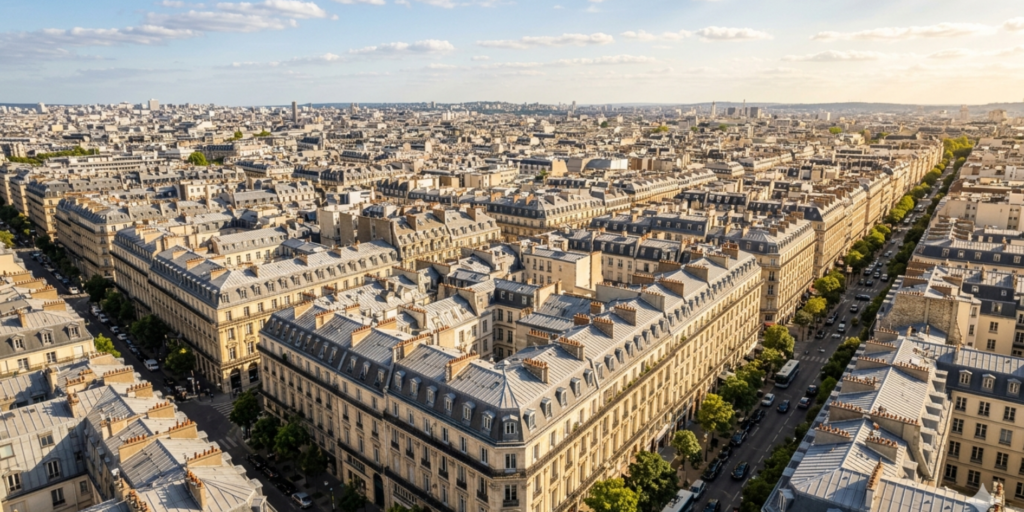 Vue des toits parisiens illustrant les arrondissements de Paris où CTBG installe des systèmes de climatisation réversible