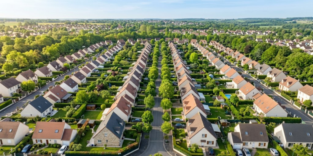 Vue aérienne d'un quartier pavillonnaire en Essonne illustrant les zones d'intervention de CTBG pour l'isolation thermique