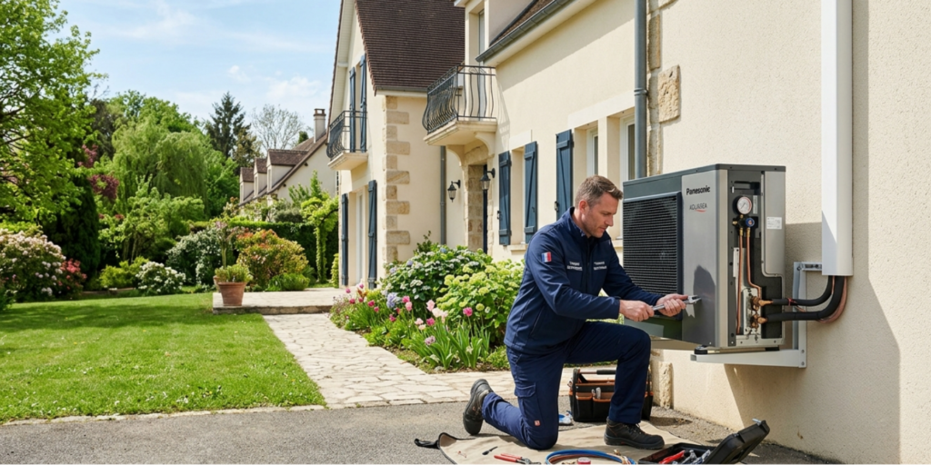 Technicien certifié RGE CTBG installant une pompe à chaleur air/eau sur une maison individuelle dans les Yvelines (78)