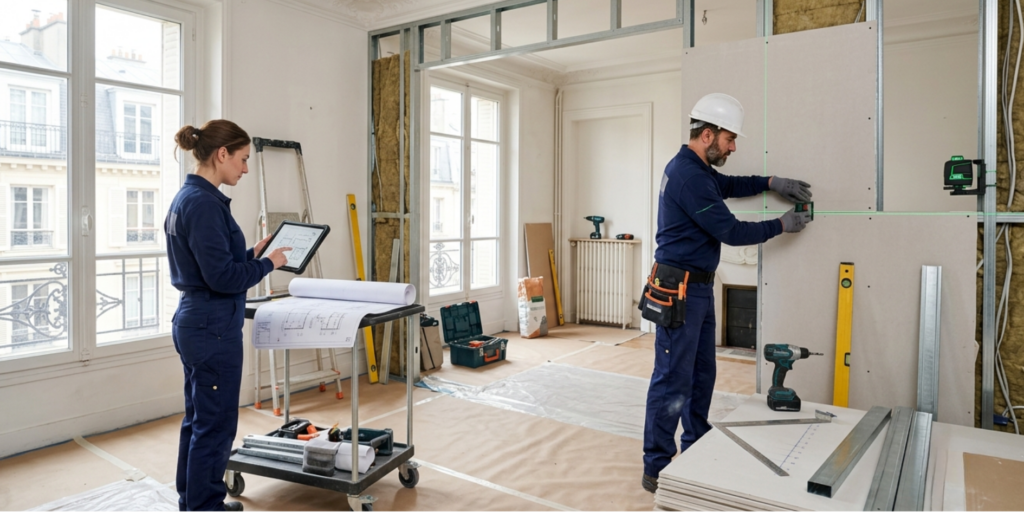 Techniciens CTBG réalisant des travaux tous corps d'état dans un appartement en Seine-Saint-Denis (93)