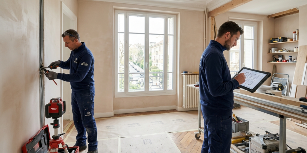 Techniciens CTBG réalisant des travaux tous corps d'état dans un appartement du Val-de-Marne (94)