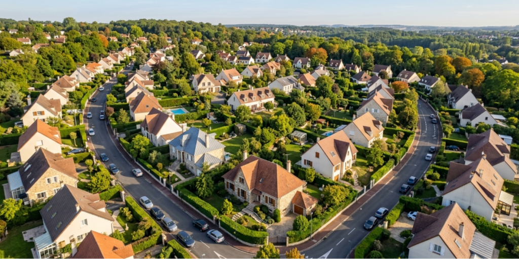 Vue aérienne d'un quartier pavillonnaire dans les Yvelines illustrant les zones d'intervention de CTBG pour l'installation de pompes à chaleur