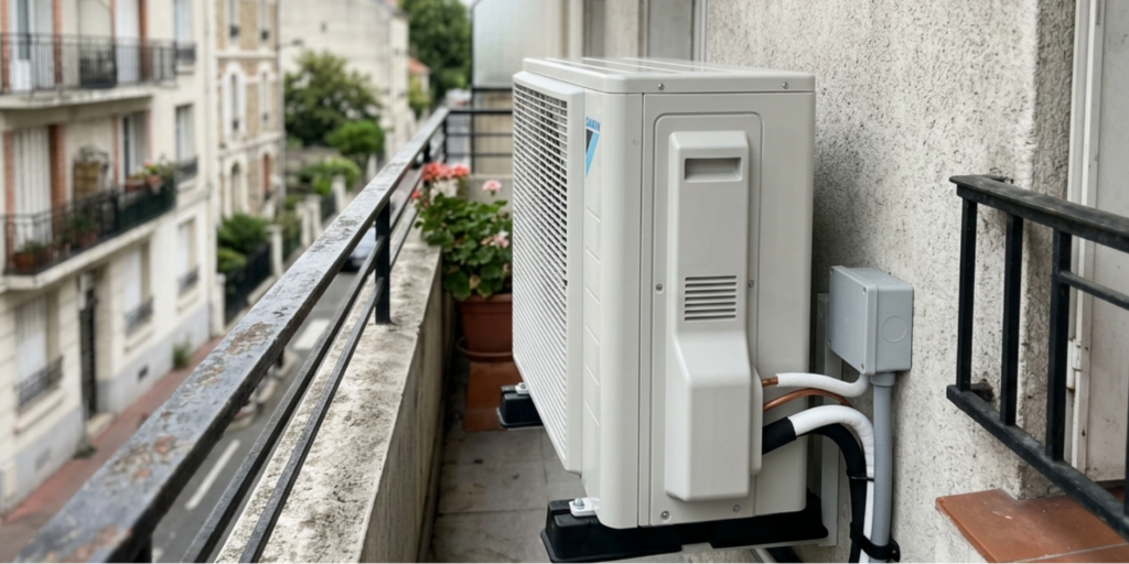 Unité extérieure de climatisation installée discrètement sur le balcon d'un appartement dans le Val-de-Marne (94)