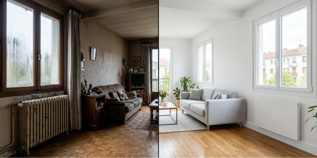 Comparaison avant après d'une rénovation énergétique réalisée par CTBG dans un appartement des Hauts-de-Seine (92)