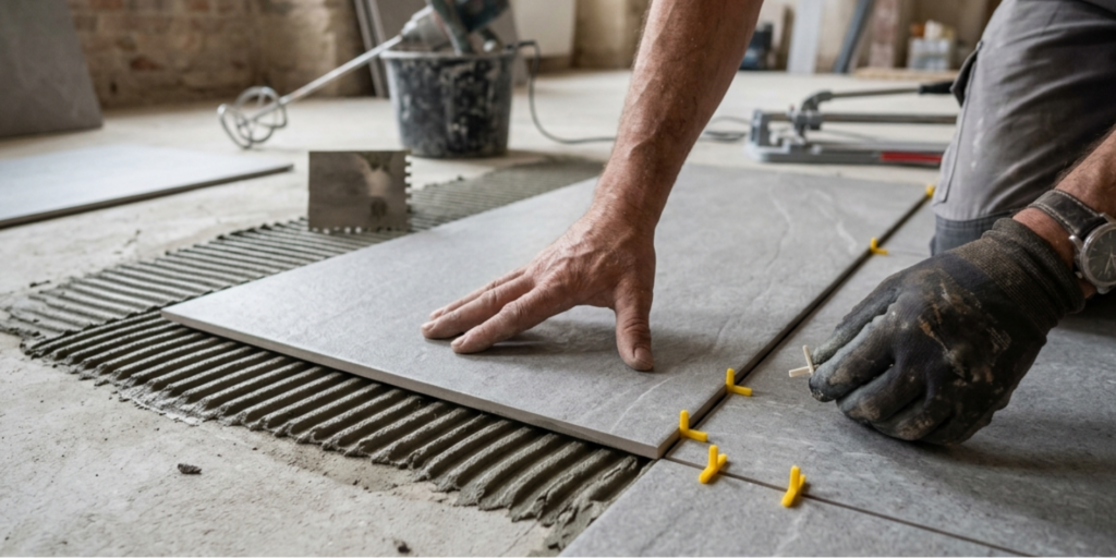 Artisan CTBG posant du carrelage grand format lors de travaux de second œuvre dans le Val-de-Marne (94)