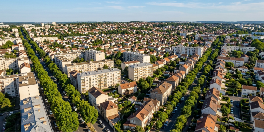 Vue aérienne d'un quartier résidentiel dans le Val-de-Marne illustrant les zones d'intervention de CTBG pour l'installation de climatisation réversible
