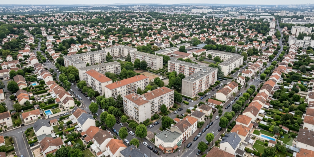 Vue aérienne d'un quartier résidentiel en Seine-Saint-Denis illustrant les zones d'intervention de CTBG pour les travaux tous corps d'état