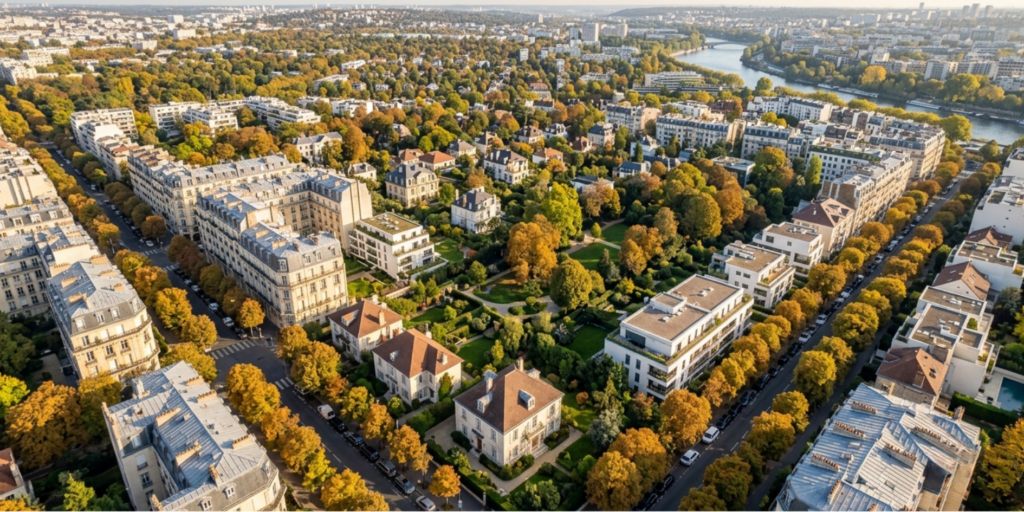 Vue aérienne d'un quartier résidentiel dans les Hauts-de-Seine illustrant les zones d'intervention de CTBG pour la rénovation énergétique