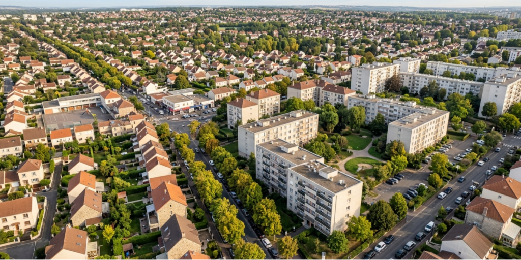 Vue aérienne d'un quartier résidentiel du Val-de-Marne illustrant les zones d'intervention de CTBG pour les travaux tous corps d'état