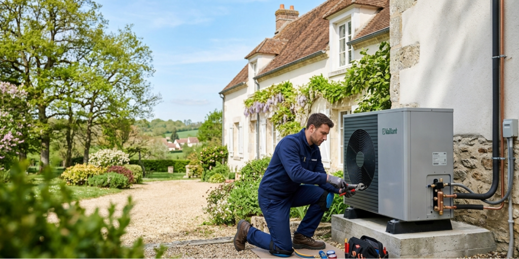 Technicien certifié RGE CTBG installant une pompe à chaleur air/eau sur une grande maison individuelle en Seine-et-Marne (77)