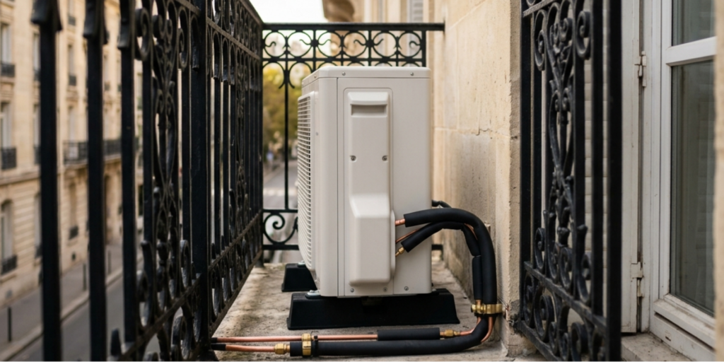 Unité extérieure de climatisation posée discrètement sur le balcon d'un appartement haussmannien dans les Hauts-de-Seine (92) par CTBG