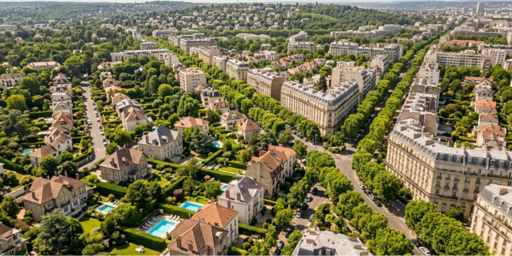 Vue aérienne d'un quartier résidentiel des Hauts-de-Seine illustrant les zones d'intervention de CTBG pour l'installation de climatisation réversible