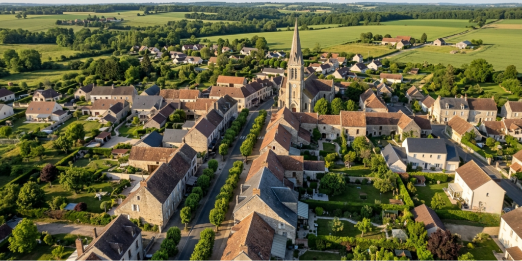 Vue aérienne d'une commune rurale en Seine-et-Marne illustrant les zones d'intervention de CTBG pour l'installation de pompes à chaleur air/eau et géothermiques