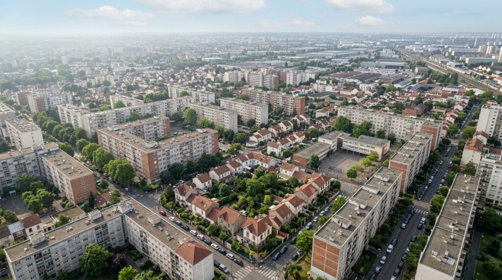 Vue aérienne d'un quartier résidentiel en Seine-Saint-Denis illustrant les zones d'intervention de CTBG pour les travaux d'isolation thermique