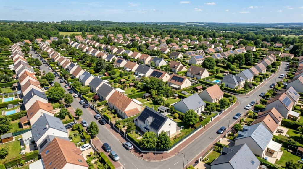 Vue aérienne d'un quartier pavillonnaire en Essonne illustrant les zones d'intervention de CTBG pour l'installation de panneaux solaires photovoltaïques
