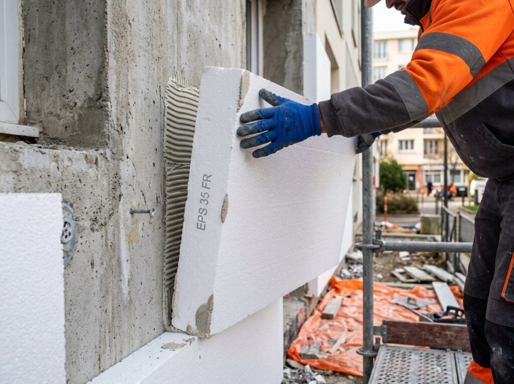 Artisan CTBG posant des panneaux d'isolation thermique par l'extérieur sur la façade d'un immeuble collectif en Seine-Saint-Denis (93)