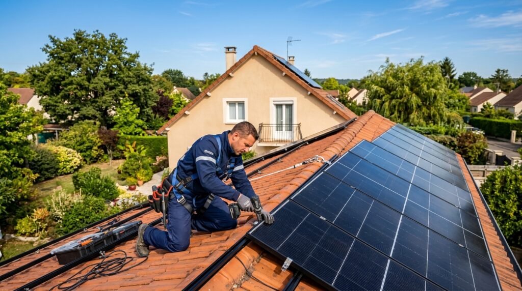 Installateur certifié RGE QualiPV CTBG posant des panneaux solaires photovoltaïques sur la toiture d'une maison individuelle en Essonne (91)