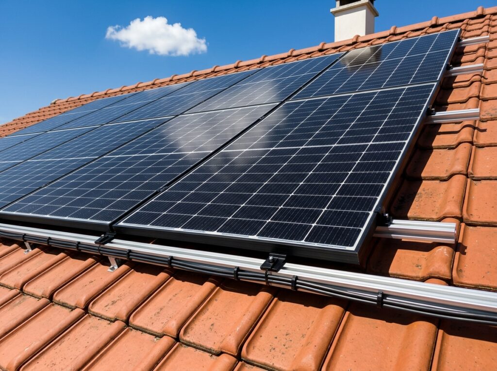 Panneaux solaires photovoltaïques monocristallins installés sur une toiture en tuile d'une maison individuelle en Essonne (91) par CTBG