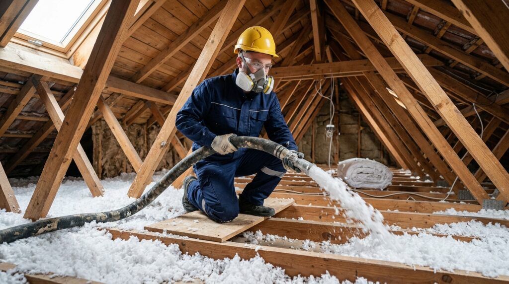 Technicien CTBG réalisant l'isolation des combles par soufflage de ouate de cellulose dans une maison en Seine-Saint-Denis (93)