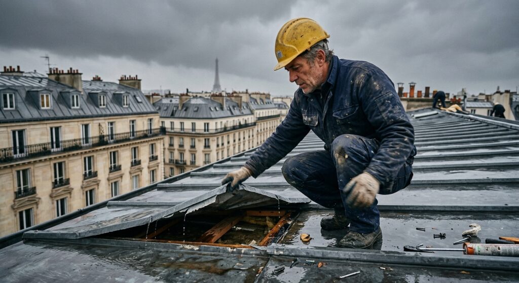 Couvreur CTBG intervenant en urgence sur une toiture en zinc parisienne endommagée après de fortes pluies, inspection du point de fuite
