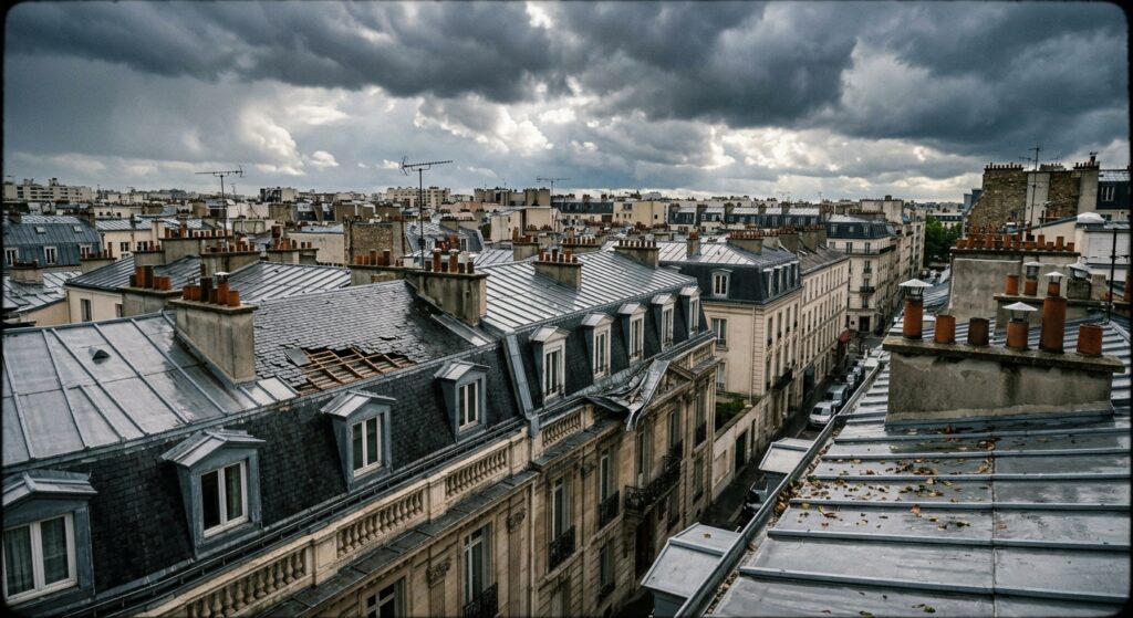 Vue des toits en zinc et ardoise des Hauts-de-Seine après une tempête, illustrant les zones d'intervention de CTBG pour les urgences toiture dans tout le département (92)