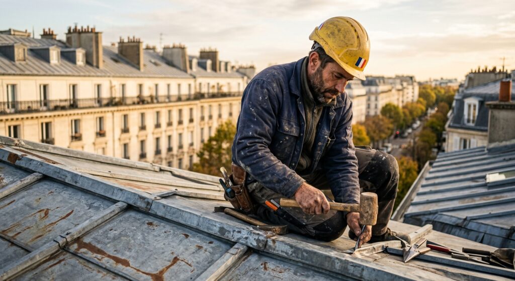 Couvreur zingueur CTBG travaillant sur une toiture en zinc dans les Hauts-de-Seine (92), marteau de couvreur en main