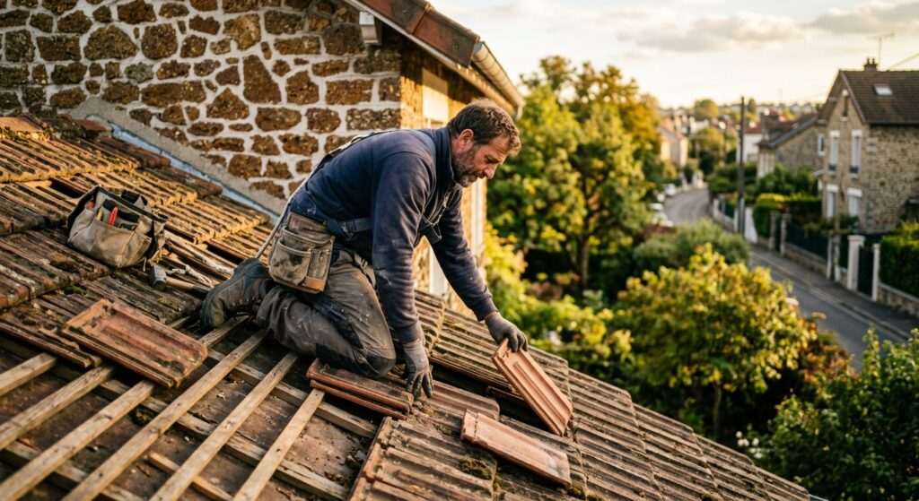 Mains d'un couvreur zingueur CTBG soudant un joint de gouttière en zinc lors d'un chantier de toiture dans le Val-de-Marne (94)