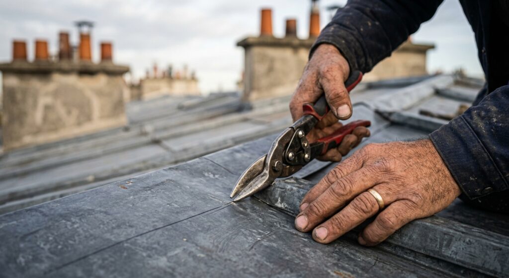 Mains d'un artisan couvreur zingueur CTBG découpant une feuille de zinc prépatiné lors d'un chantier de toiture dans les Hauts-de-Seine