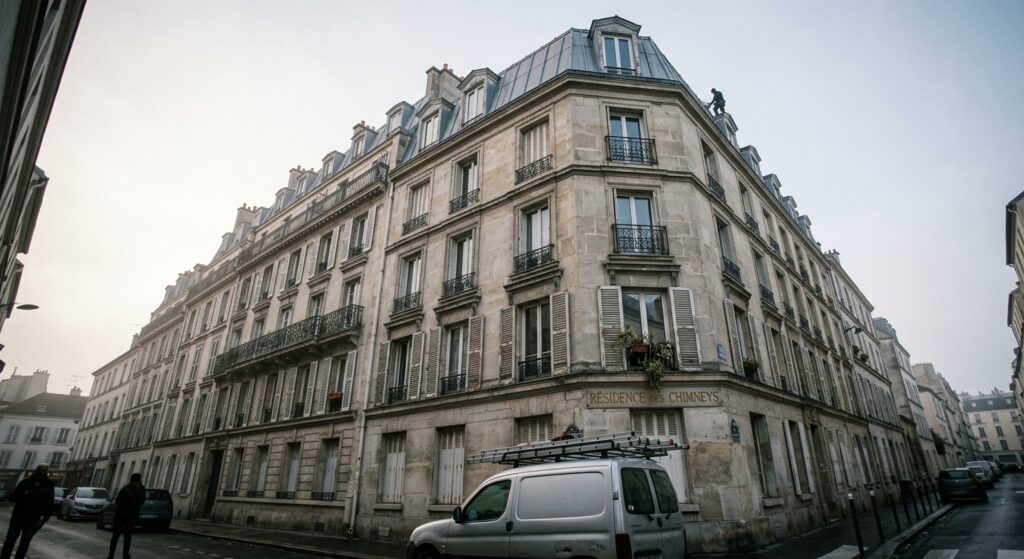 Vue depuis la rue d'un immeuble haussmannien des Hauts-de-Seine avec un couvreur CTBG visible en silhouette sur le toit en cours de rénovation