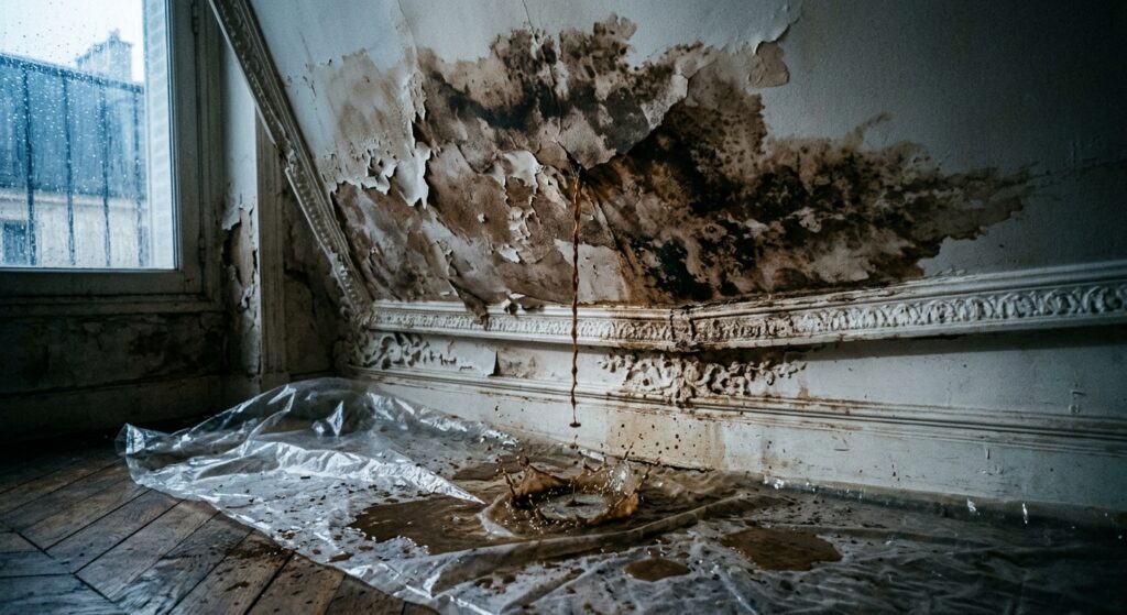 Infiltration d'eau active sur un plafond d'appartement parisien causée par une fuite de toiture, tache d'humidité et peinture décollée visibles