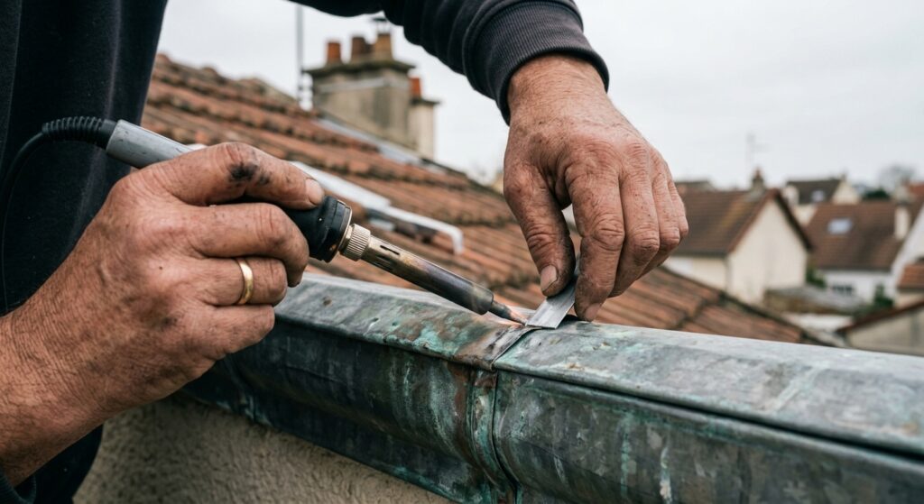 Mains d'un couvreur zingueur CTBG soudant un joint de gouttière en zinc lors d'un chantier de toiture dans le Val-de-Marne (94)