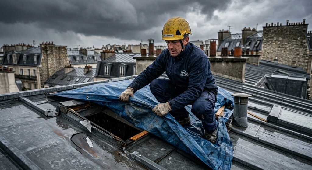 Couvreur CTBG sécurisant une bâche de protection en urgence sur une toiture en zinc endommagée dans les Hauts-de-Seine (92) après une tempête