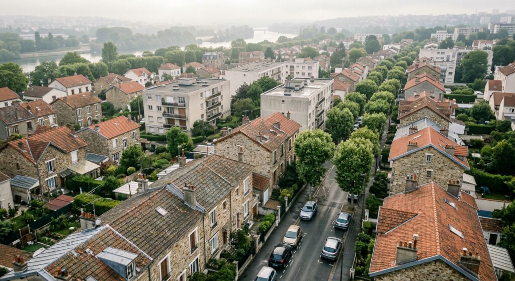 Vue aérienne d'un quartier résidentiel du Val-de-Marne avec maisons de meulière et toitures en tuiles illustrant les zones d'intervention de CTBG pour les travaux de couverture