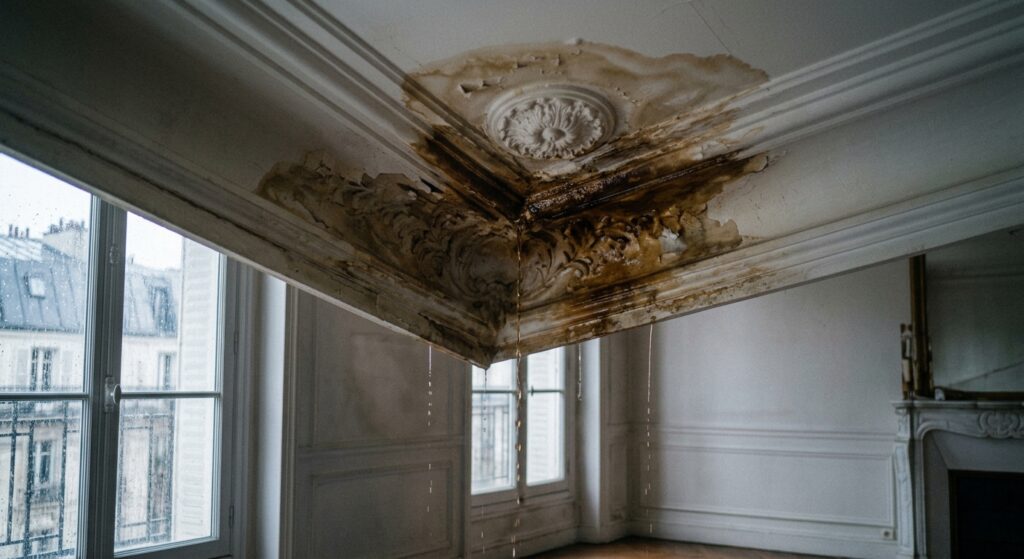 Infiltration d'eau active sur le plafond d'un appartement haussmannien dans les Hauts-de-Seine (92) causée par une fuite de toiture non traitée, taches et peinture décollée visibles