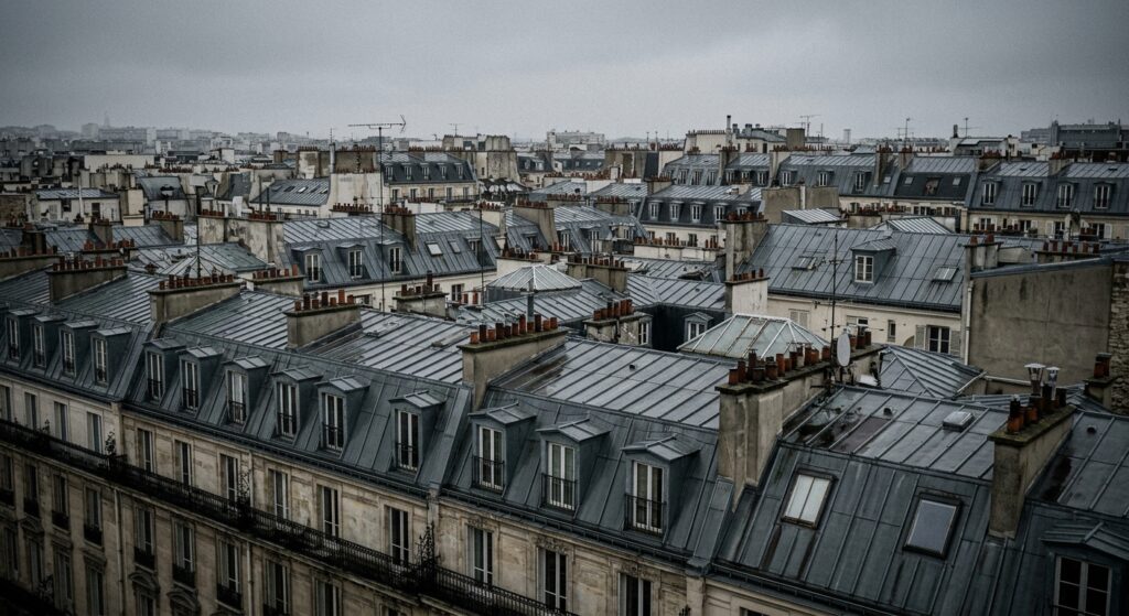 Vue panoramique des toits en zinc parisiens illustrant la zone d'intervention de CTBG pour les urgences toiture dans tous les arrondissements de Paris (75)