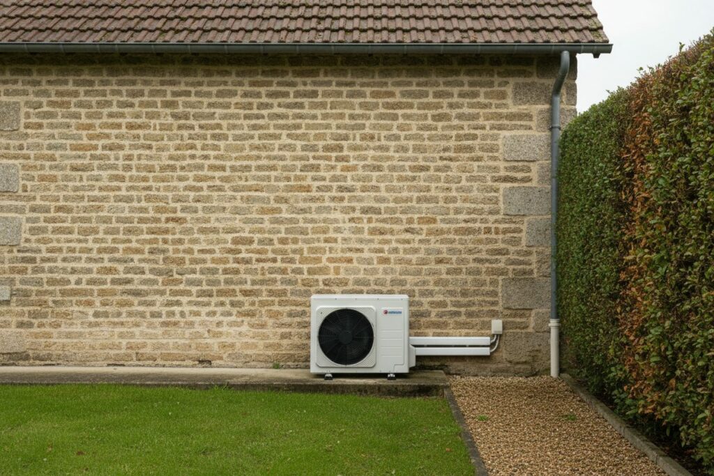 Unité extérieure de pompe à chaleur air/eau posée sur une dalle au pied du mur d'une maison en pierre, avec les liaisons frigorifiques sous goulotte