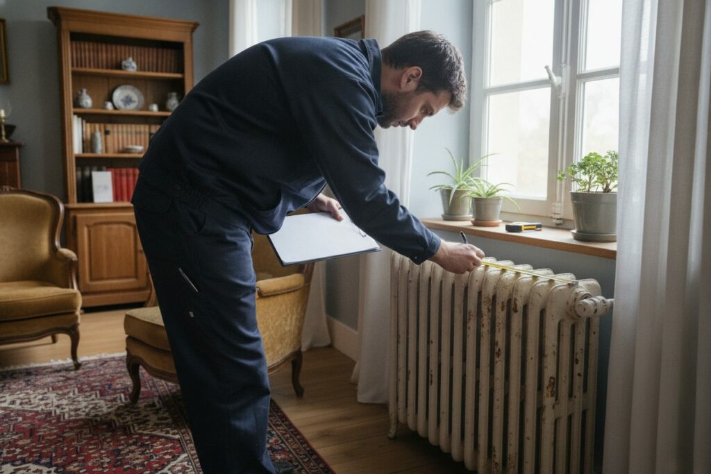 Technicien mesurant un radiateur en fonte et notant ses dimensions lors d'une visite technique avant l'installation d'une pompe à chaleur